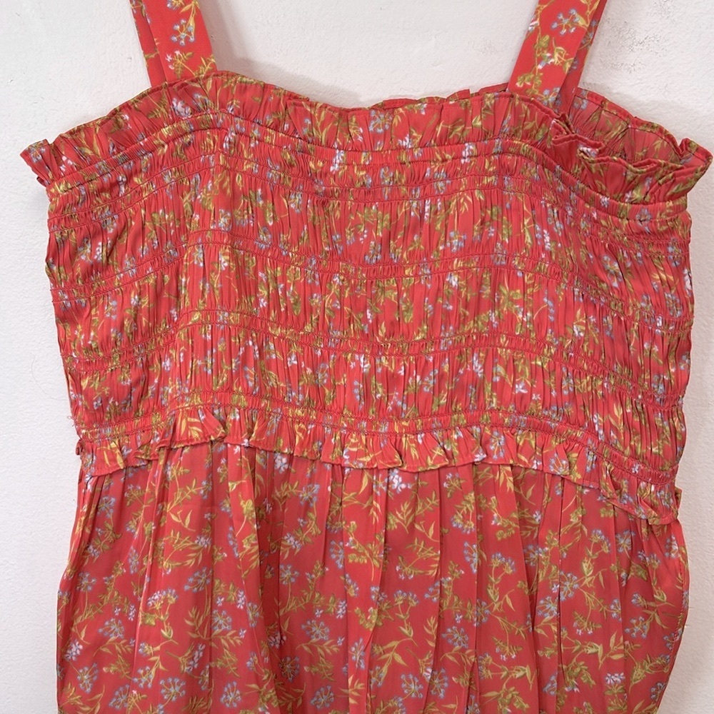 J. Crew Smocked Featherweight Satin Women’s Size L Coral Meadow Floral Tank Top - Picture 8 of 13